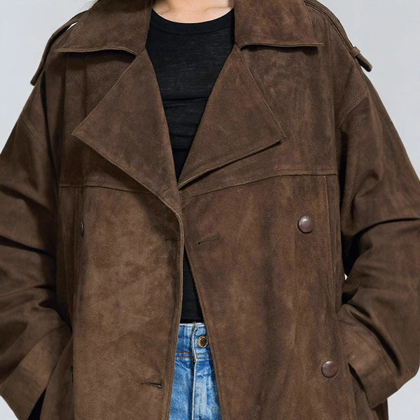 Loose Lapels Brown Long Suede Coat