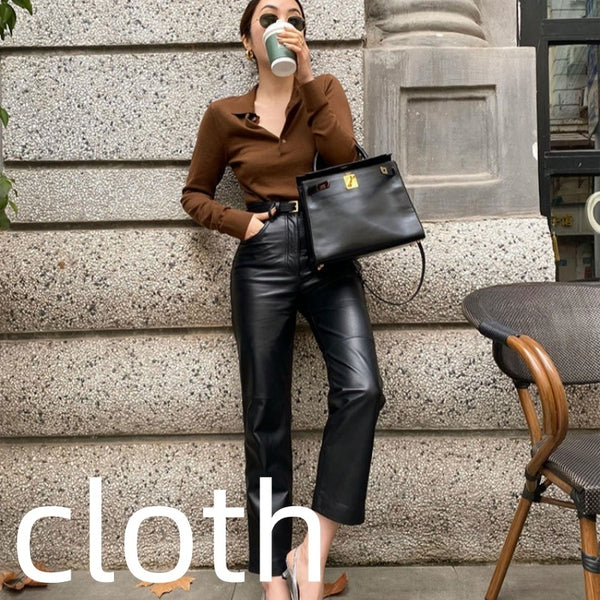 High-grade Polyester Top Slim Fit Leather Pants Adult Lady Like Woman Two Pieces