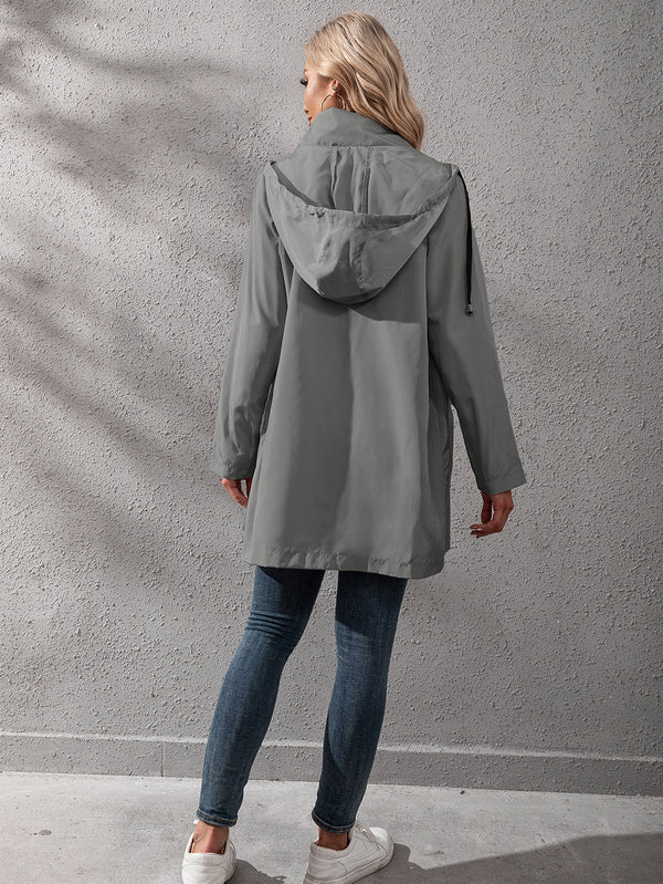 Loose Casual Mid-length Zipper Waterproof Hooded Trench Coat