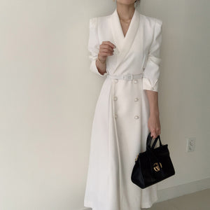 Temperament Suit Dress Female Korean Fashion Small Lapel Waist Double-breasted Long Trench Coat Jacket