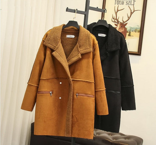 Women's Winter Wear Lapel Padded Warm Lamb Wool Coat Mid-Length Suede Coat Coat