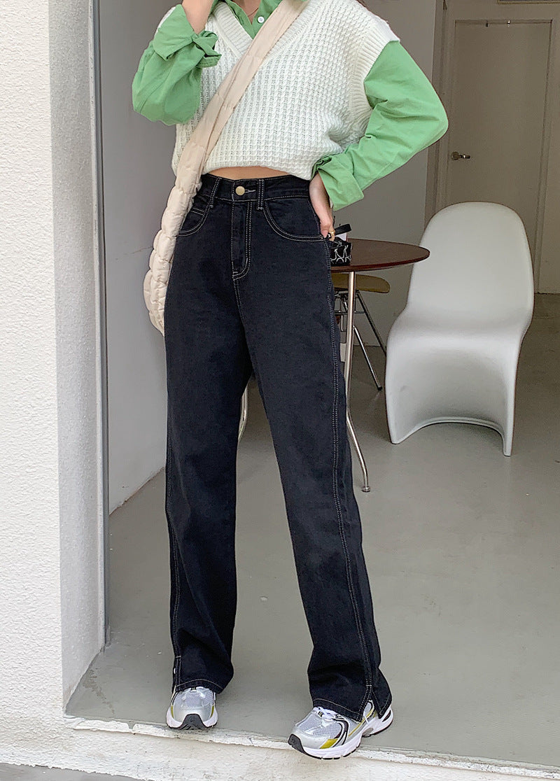 High-waisted Slimming High-slit Straight Black Jeans