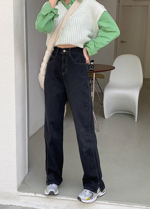 High-waisted Slimming High-slit Straight Black Jeans