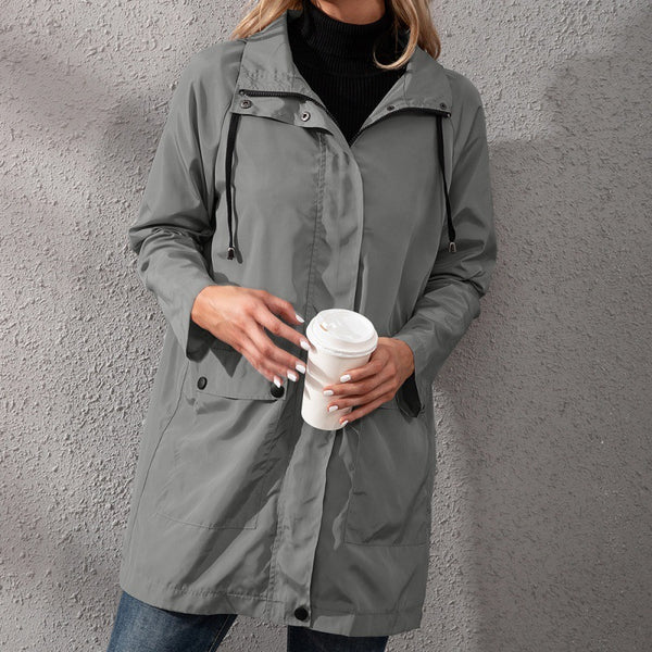 Loose Casual Mid-length Zipper Waterproof Hooded Trench Coat