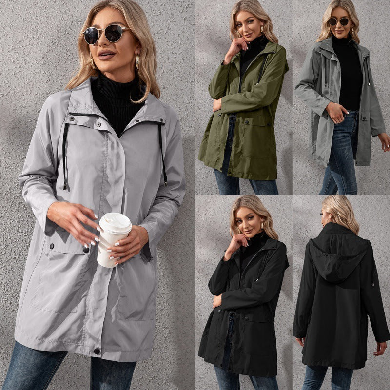 Loose Casual Mid-length Zipper Waterproof Hooded Trench Coat