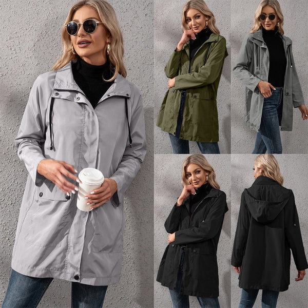 Loose Casual Mid-length Zipper Waterproof Hooded Trench Coat