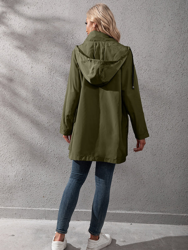 Loose Casual Mid-length Zipper Waterproof Hooded Trench Coat