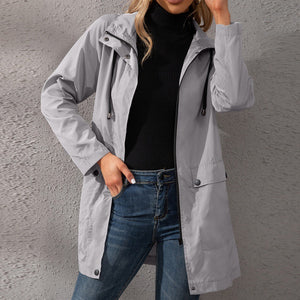 Loose Casual Mid-length Zipper Waterproof Hooded Trench Coat