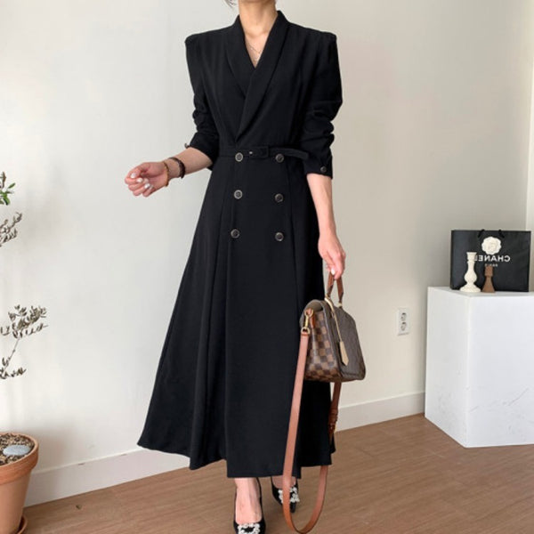 Temperament Suit Dress Female Korean Fashion Small Lapel Waist Double-breasted Long Trench Coat Jacket