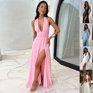 Luxe Backless Halter Slit Dress UK