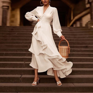 Autumn Ruffle Satin Maxi Dress
