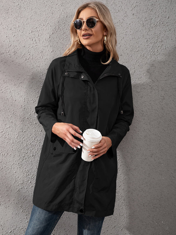 Loose Casual Mid-length Zipper Waterproof Hooded Trench Coat