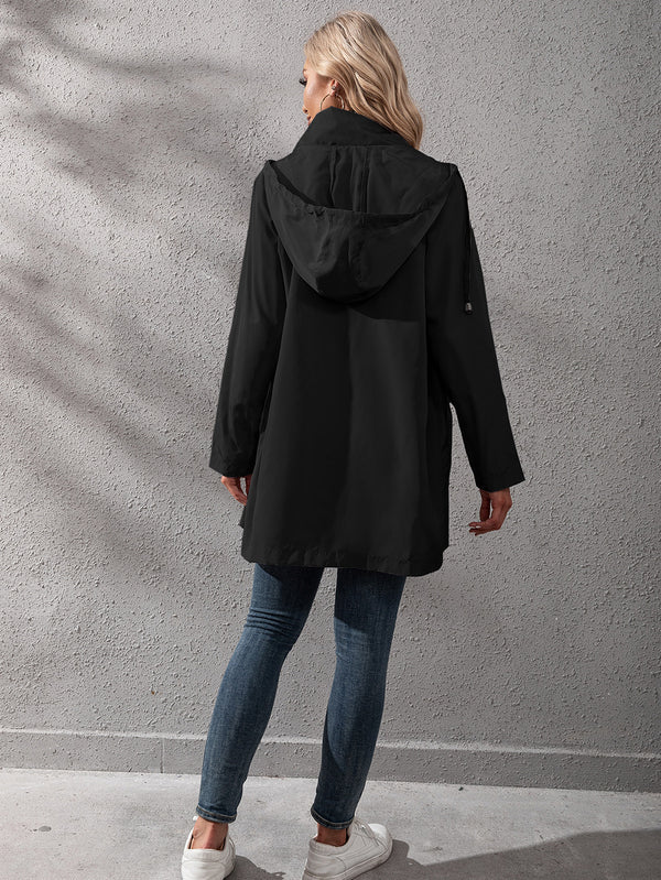 Loose Casual Mid-length Zipper Waterproof Hooded Trench Coat