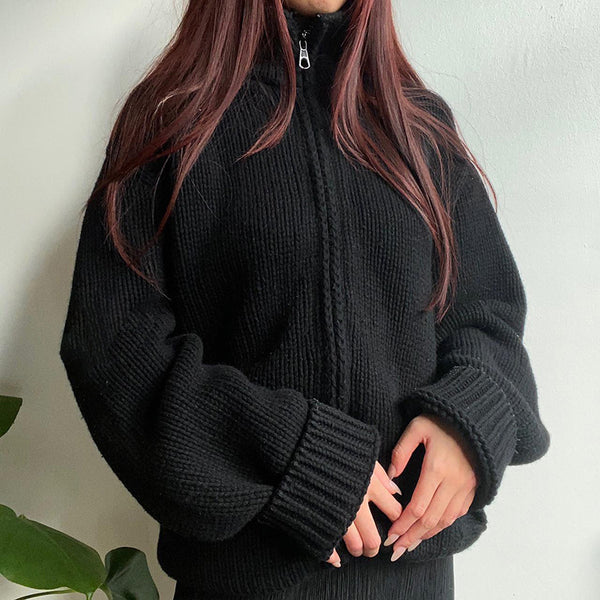 Stand Collar Long Sleeve Loose Casual Simple Cardigan
