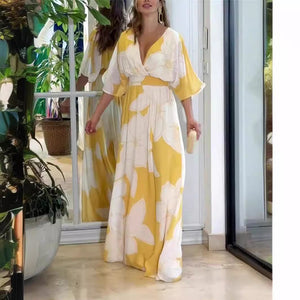 Flower Printed V-neck Batwing-sleeved Dress Fashion Elegant Backless Long Dresses Women's Clothing