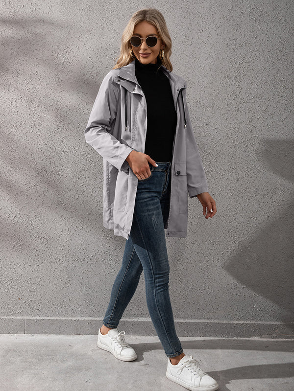Loose Casual Mid-length Zipper Waterproof Hooded Trench Coat