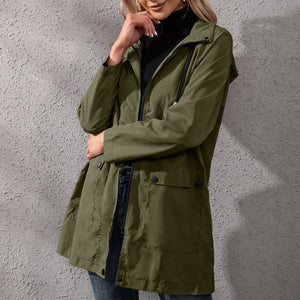 Loose Casual Mid-length Zipper Waterproof Hooded Trench Coat