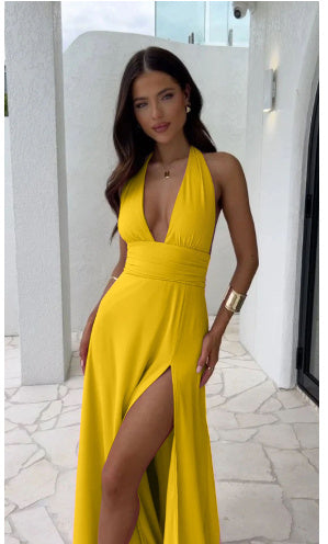 Luxe Backless Halter Slit Dress UK