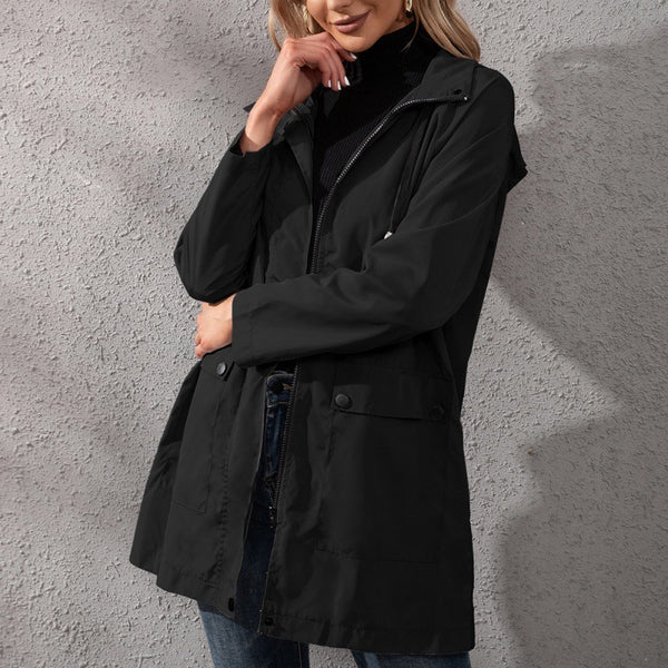 Loose Casual Mid-length Zipper Waterproof Hooded Trench Coat