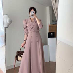 Temperament Suit Dress Female Korean Fashion Small Lapel Waist Double-breasted Long Trench Coat Jacket