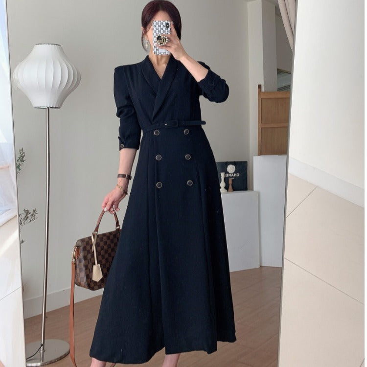 Temperament Suit Dress Female Korean Fashion Small Lapel Waist Double-breasted Long Trench Coat Jacket