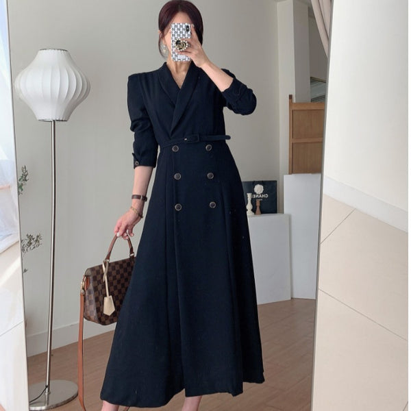 Temperament Suit Dress Female Korean Fashion Small Lapel Waist Double-breasted Long Trench Coat Jacket